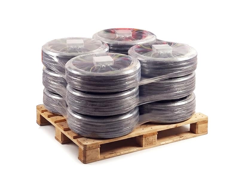pallet of wrapped electrical octopus wiring | Mecaspin